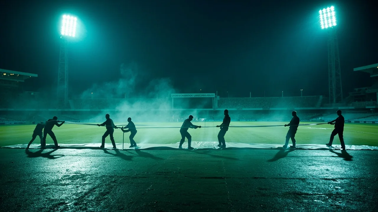 Ground crew covering a pitch in the rain