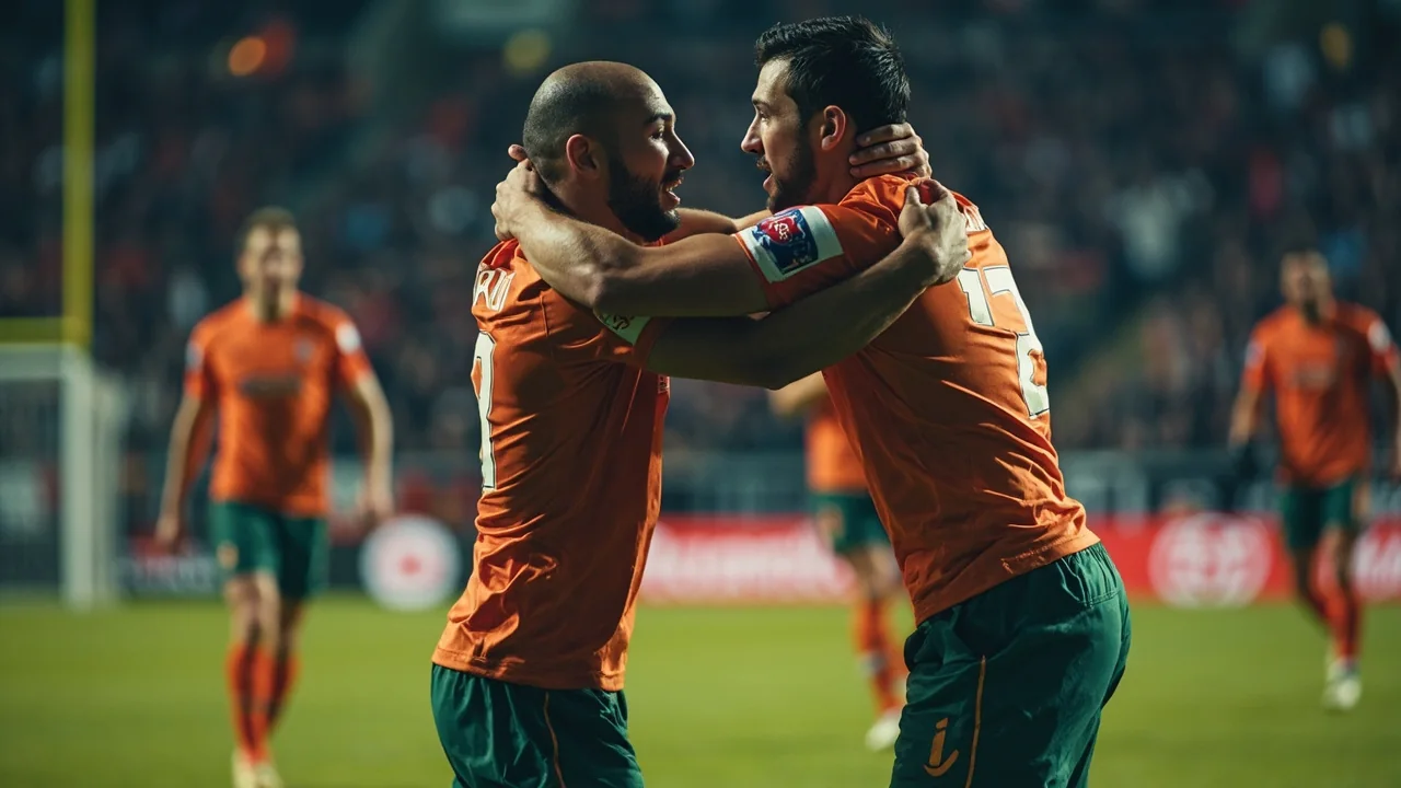 Editorial medium-shot of a tactical scene during a sport, showing field placement, equipment and team interaction under stadium light