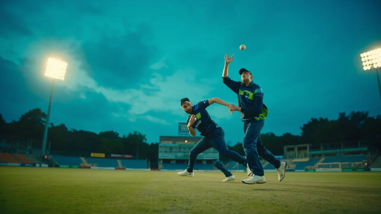 Fielders running a boundary catch drill